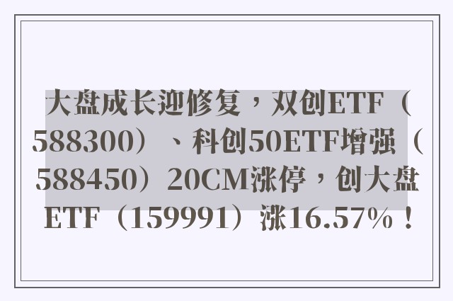 大盘成长迎修复，双创ETF（588300）、科创50ETF增强（588450）20CM涨停，创大盘ETF（159991）涨16.57%！